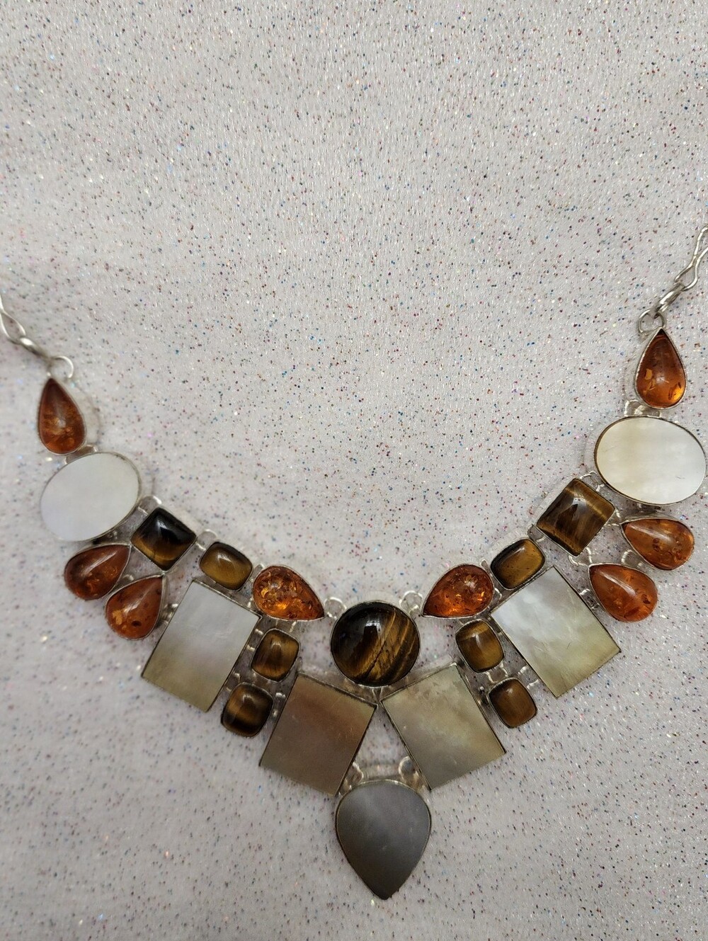 Tiger Eye Amber & Mother Of Pearl Bib Necklace Sterling Silver Artisan Boho